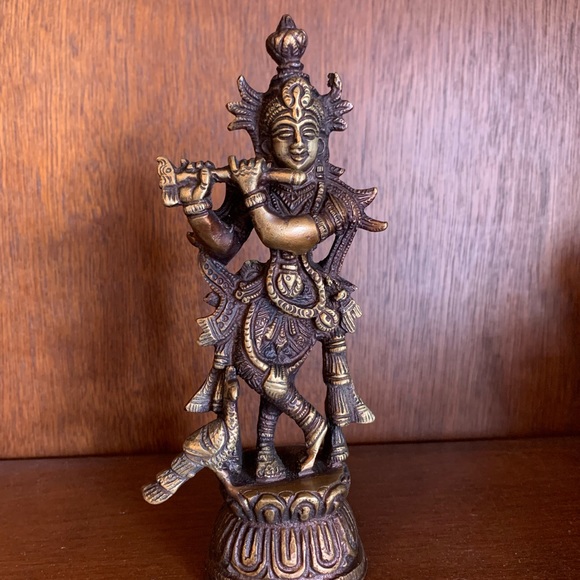 Bronze Krishna Standing on a Lotus Playing the Flute Figurine Brass Statue - Picture 7 of 9